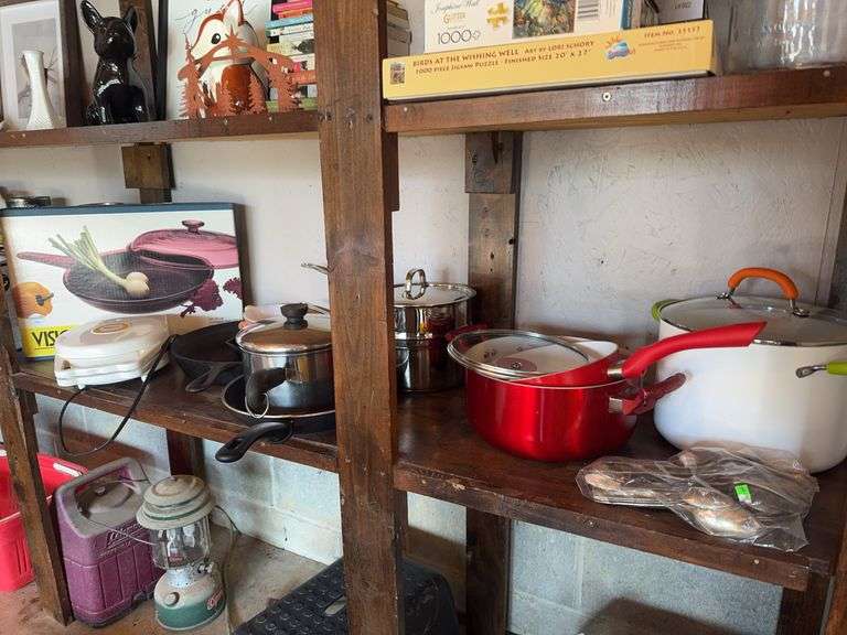 Cast Iron Pans, Pots, Kitchen Supplies on Shelf