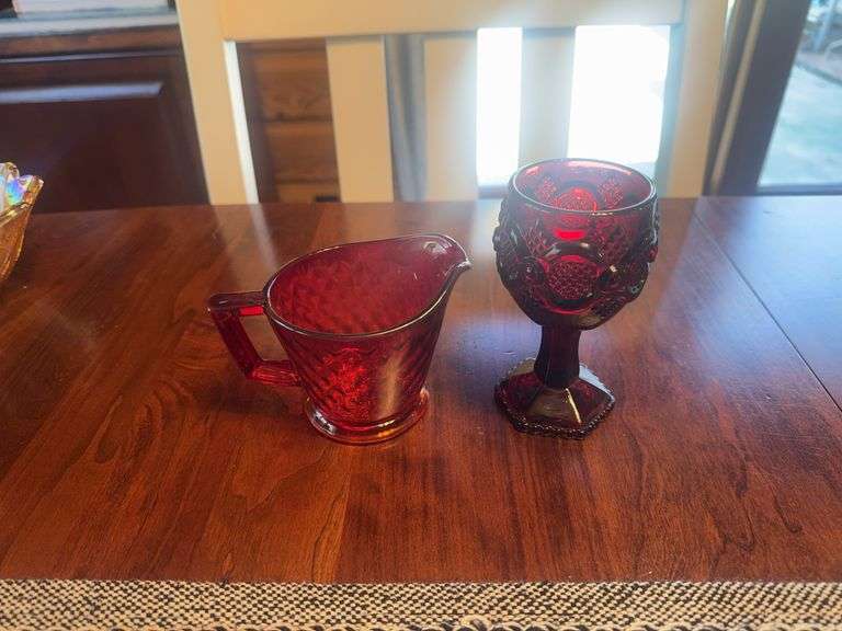 Red Glass Goblet and Pitcher