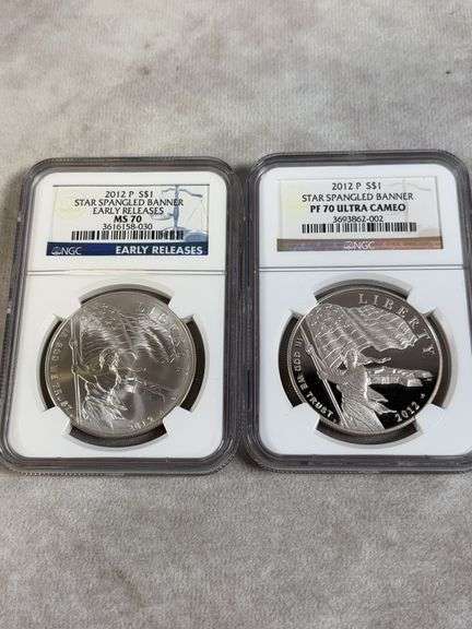 Lot Of 2 2012 Star Spangled Banner Silver Dollars NGC MS70 And Proof 70 Ultra Cameo