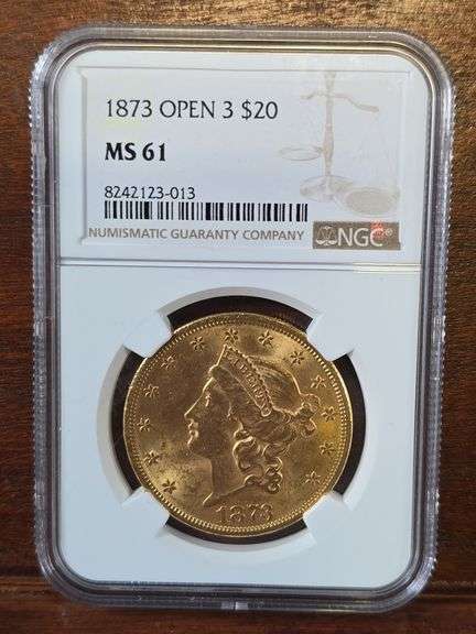 1873 OPEN 3 $20. LIBERTY HEAD GOLD PIECE NGC MS61